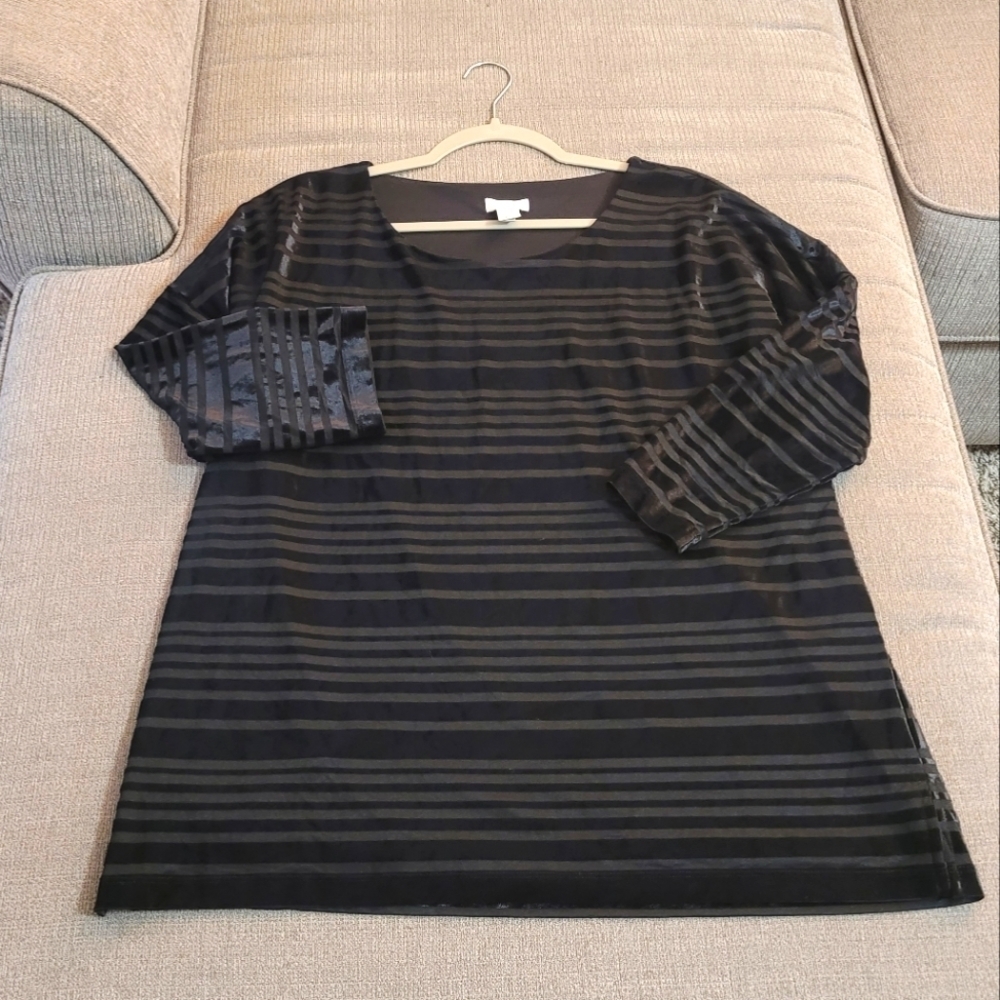 Chico's Black Striped Shiny Velvet Casual Boho Lined Top Size 2/Large
